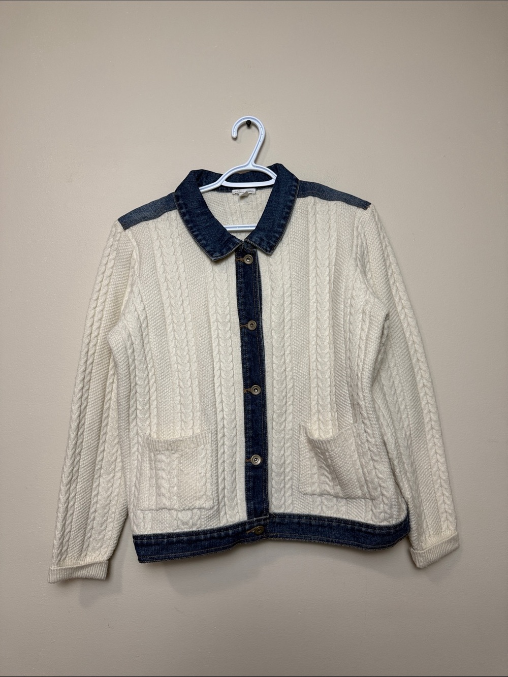 Cream Cable Knit Button-Front Sweater Jacket with Denim Trim size XL